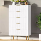 Commode 5 tiroirs blanc / marbre et bois – Panneau cannelé, pour usage individuel