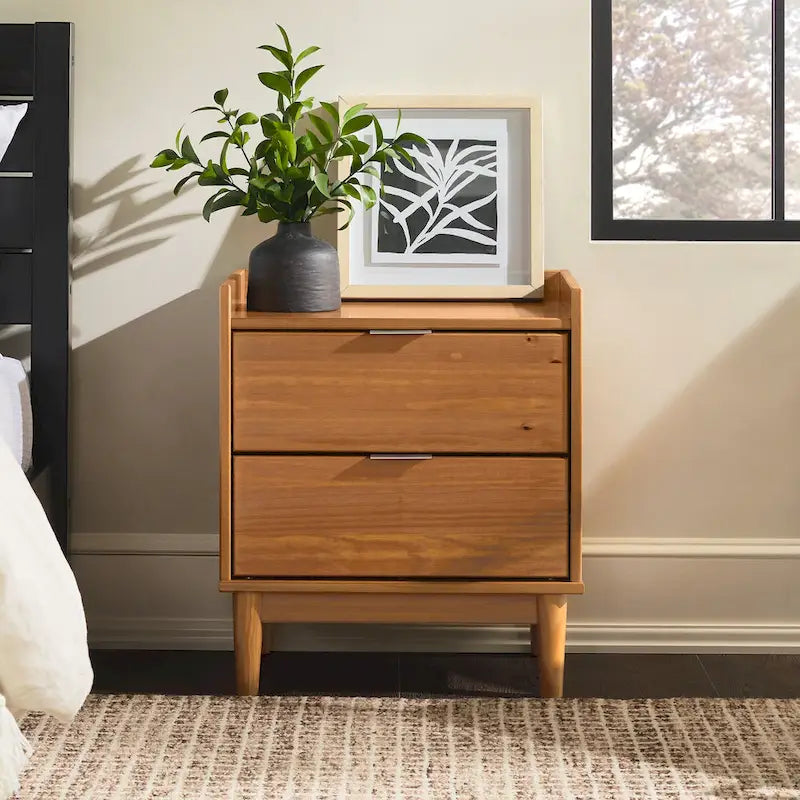 Table de chevet Mid-Century Modern 2 tiroirs en bois massif, table de nuit avec rangement