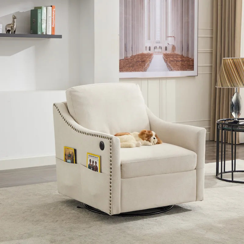Fauteuil d'appoint moderne blanc crème de 30,3 po avec port de chargement USB, fauteuil rembourré