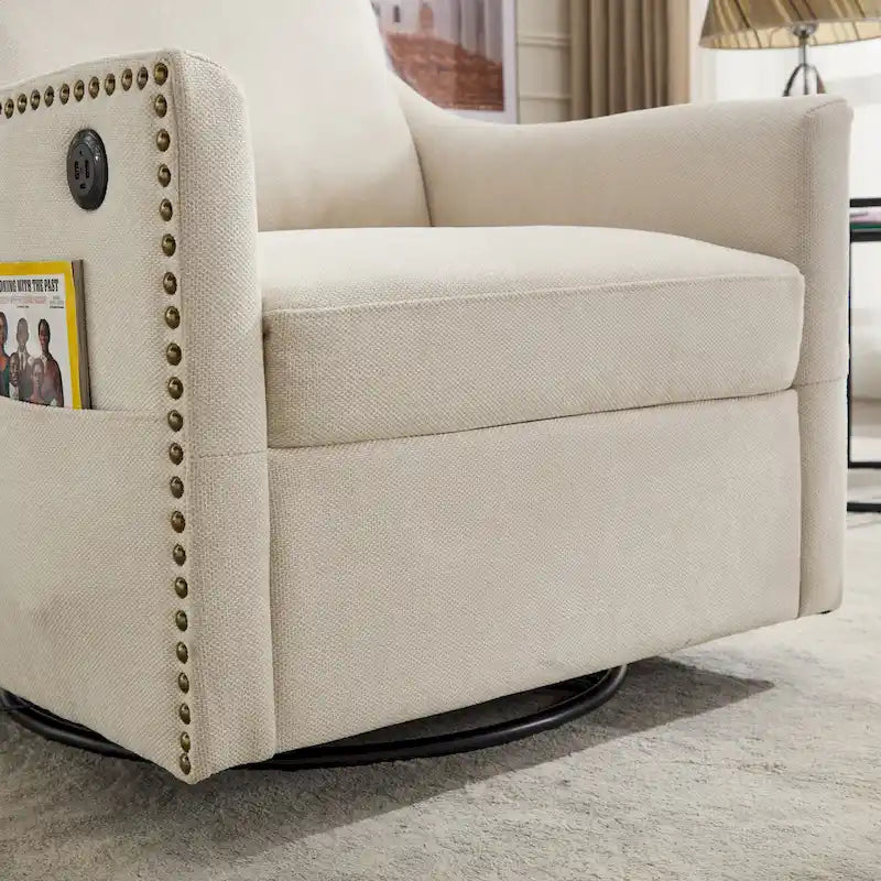 Fauteuil d'appoint moderne blanc crème de 30,3 po avec port de chargement USB, fauteuil rembourré