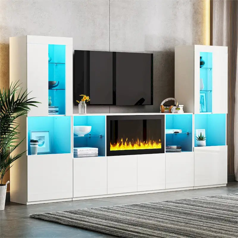 Meuble TV avec cheminée électrique non chauffante de 34,2", meuble de divertissement avec lumières LED, étagères en verre trempé pour TV jusqu'à 75"