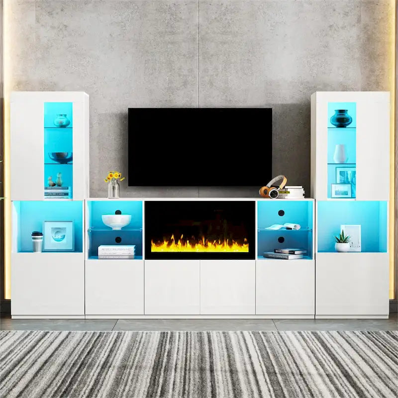 Meuble TV avec cheminée électrique non chauffante de 34,2", meuble de divertissement avec lumières LED, étagères en verre trempé pour TV jusqu'à 75"