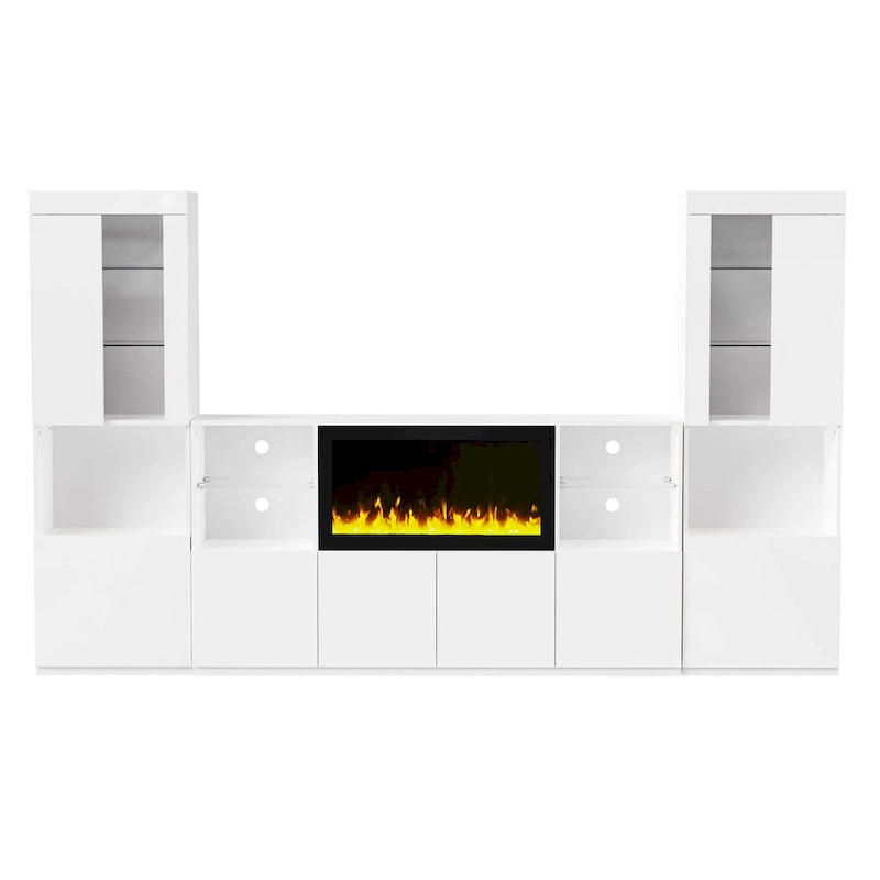 Meuble TV avec cheminée électrique non chauffante de 34,2", meuble de divertissement avec lumières LED, étagères en verre trempé pour TV jusqu'à 75"