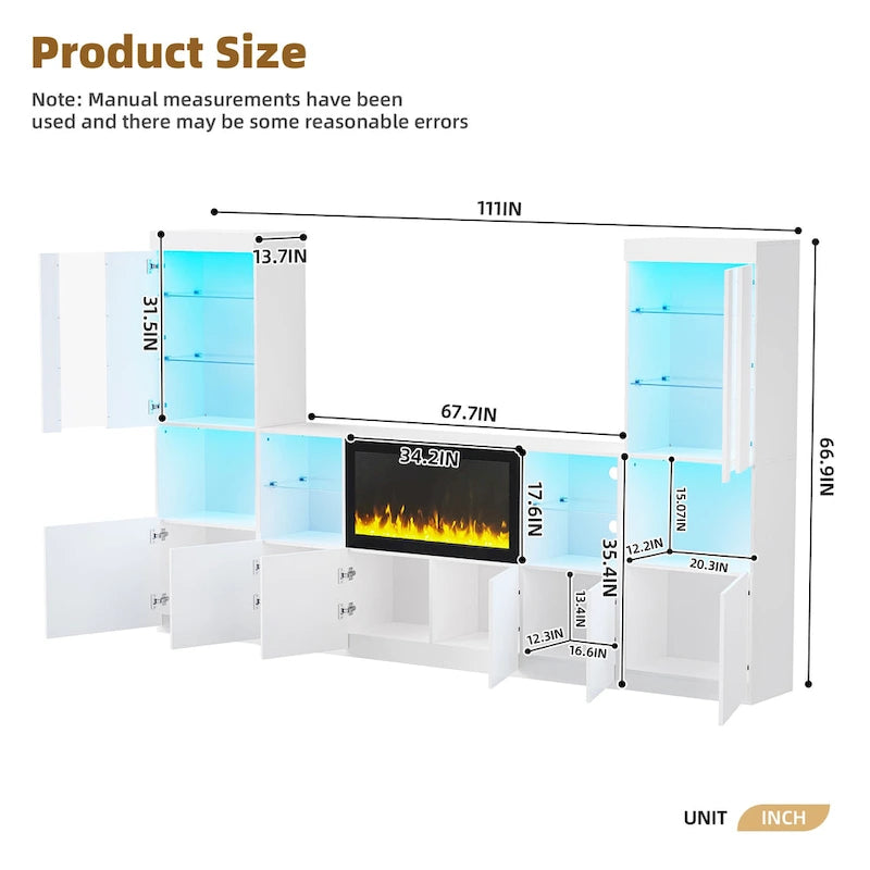 Meuble TV avec cheminée électrique non chauffante de 34,2", meuble de divertissement avec lumières LED, étagères en verre trempé pour TV jusqu'à 75"