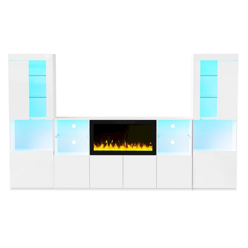 Meuble TV avec cheminée électrique non chauffante de 34,2", meuble de divertissement avec lumières LED, étagères en verre trempé pour TV jusqu'à 75"
