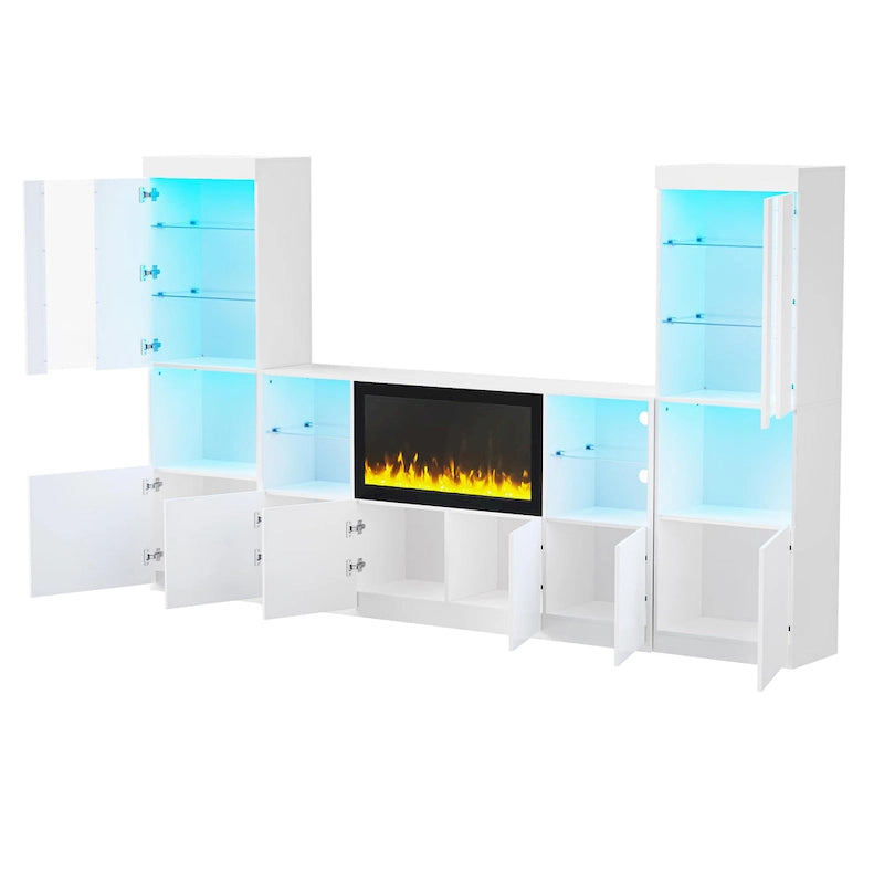Meuble TV avec cheminée électrique non chauffante de 34,2", meuble de divertissement avec lumières LED, étagères en verre trempé pour TV jusqu'à 75"