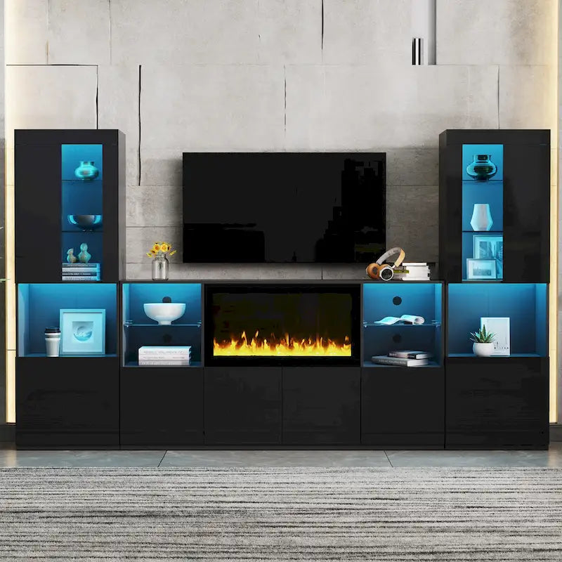 Meuble TV avec cheminée électrique non chauffante de 34,2", meuble de divertissement avec lumières LED, étagères en verre trempé pour TV jusqu'à 75"