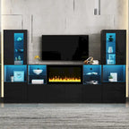 Meuble TV avec cheminée électrique non chauffante de 34,2", meuble de divertissement avec lumières LED, étagères en verre trempé pour TV jusqu'à 75"