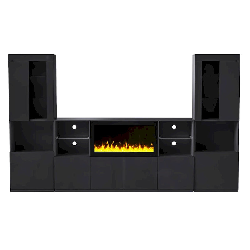 Meuble TV avec cheminée électrique non chauffante de 34,2", meuble de divertissement avec lumières LED, étagères en verre trempé pour TV jusqu'à 75"