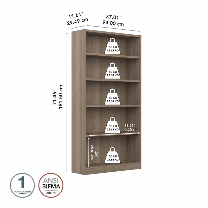 Bibliothèque haute à 5 étagères avec 3 étagères réglables, étagère en bois de 183 cm pour la maison et le bureau