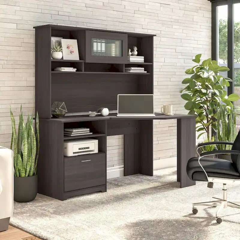 Bureau d'angle 60" pour bureau à domicile avec étagères de rangement, poste de travail informatique en L