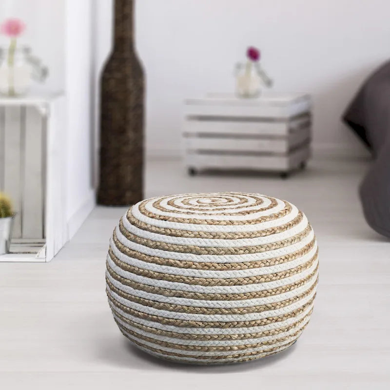 Pouf ottoman rond tricoté à la main bicolore marron clair et blanc de 20 pouces