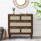 Commode de ferme en rotin à 3 tiroirs, grande commode en bois avec poignées en métal