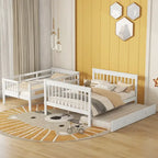 Lit superposé double sur grand format avec lit gigogne double, rangement et barrière de sécurité pour chambre, dortoir, pour adultes, blanc