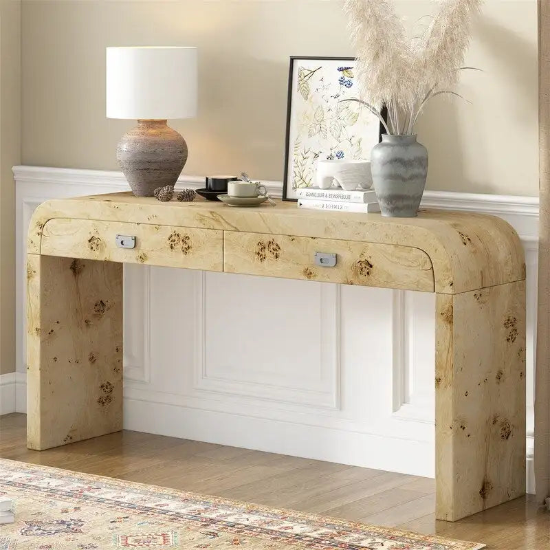 Console de style rétro avec 2 tiroirs de rangement, Table d'entrée moderne, Table de canapé avec pieds minimalistes et élégants pour le salon
