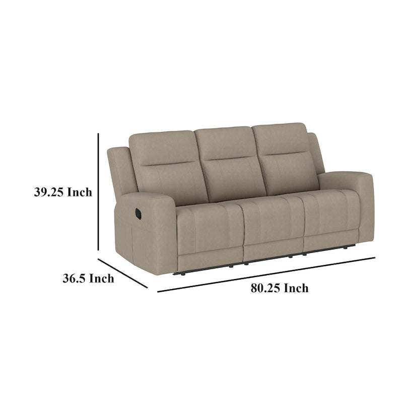 Canapé inclinable manuel de 80 po en similicuir taupe, canapé inclinable moderne à 3 places