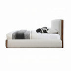 Cadre de lit Queen Size à profil bas avec revêtement en bouclette blanche, lit plateforme moderne