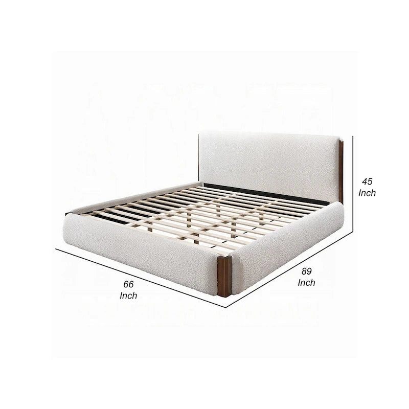 Cadre de lit Queen Size à profil bas avec revêtement en bouclette blanche, lit plateforme moderne