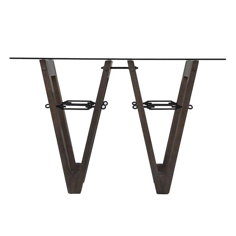 Table console en bois recyclé et verre transparent avec piètement abstrait – 46 L x 18 P x 29,5 H