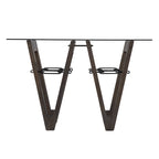 Table console en bois recyclé et verre transparent avec piètement abstrait – 46 L x 18 P x 29,5 H