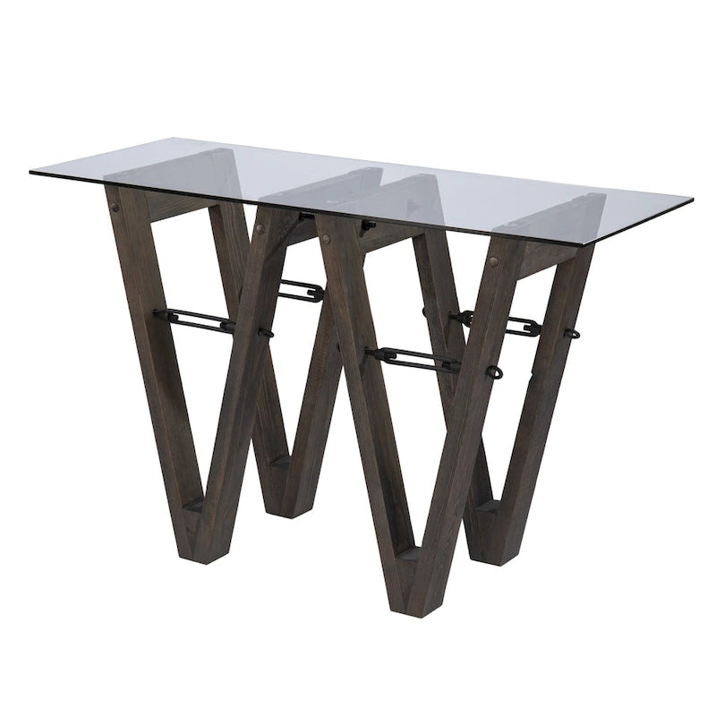 Table console en bois recyclé et verre transparent avec piètement abstrait – 46 L x 18 P x 29,5 H