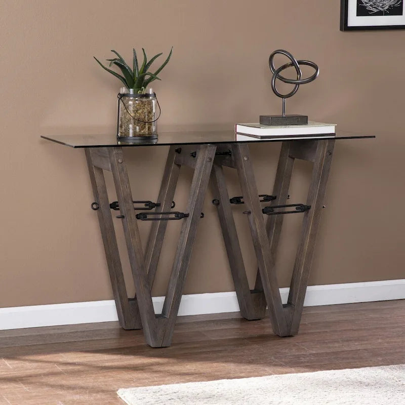 Table console en bois recyclé et verre transparent avec piètement abstrait – 46 L x 18 P x 29,5 H