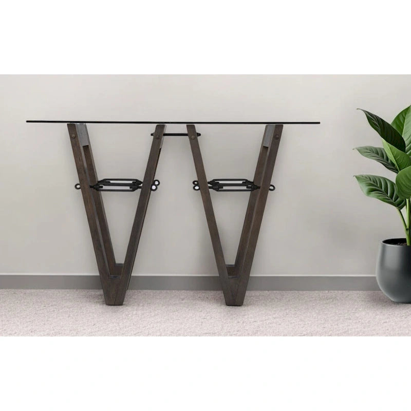 Table console en bois recyclé et verre transparent avec piètement abstrait – 46 L x 18 P x 29,5 H