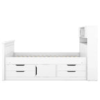 Lit plateforme capitaine double avec 4 tiroirs et tête de lit bibliothèque de rangement, cadre de lit en bois massif avec étagères de rangement
