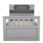 Lit plateforme capitaine double avec 4 tiroirs et tête de lit bibliothèque de rangement, cadre de lit en bois massif avec étagères de rangement