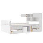 Lit plateforme capitaine double avec 4 tiroirs et tête de lit bibliothèque de rangement, cadre de lit en bois massif avec étagères de rangement