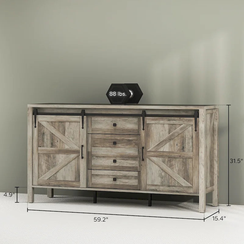 Buffet de ferme de 150 cm avec portes et étagères, meuble de rangement rustique pour cuisine