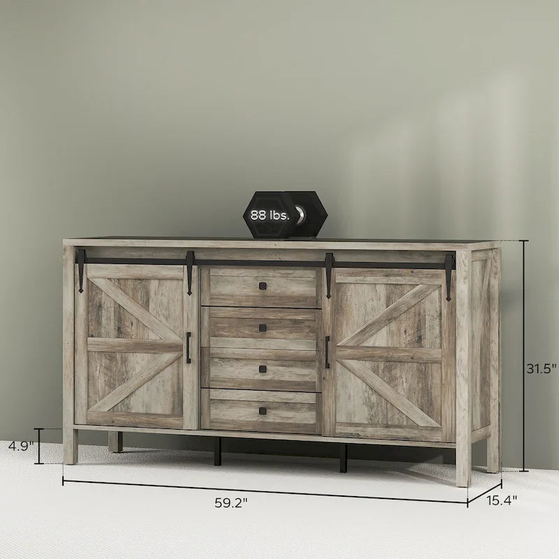 Buffet de ferme de 150 cm avec portes et étagères, meuble de rangement rustique pour cuisine
