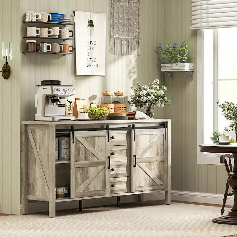 Buffet de ferme de 150 cm avec portes et étagères, meuble de rangement rustique pour cuisine