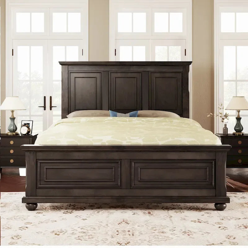 Cadre de lit King Size traditionnel en pin avec sommier à lattes en bois, finition marron