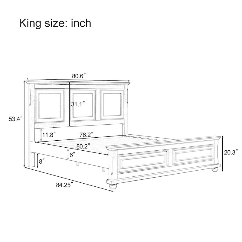 Cadre de lit King Size traditionnel en pin avec sommier à lattes en bois, finition marron