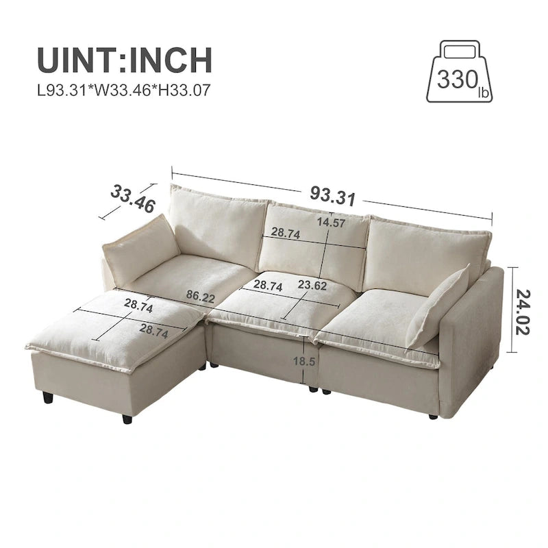 Canapé sectionnel modulaire en similicoton de 93,31 po avec pouf amovible, cadre en bois massif et coussins en mousse haute résilience