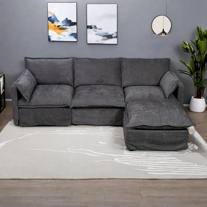 Canapé sectionnel modulaire en similicoton de 93,31 po avec pouf amovible, cadre en bois massif et coussins en mousse haute résilience