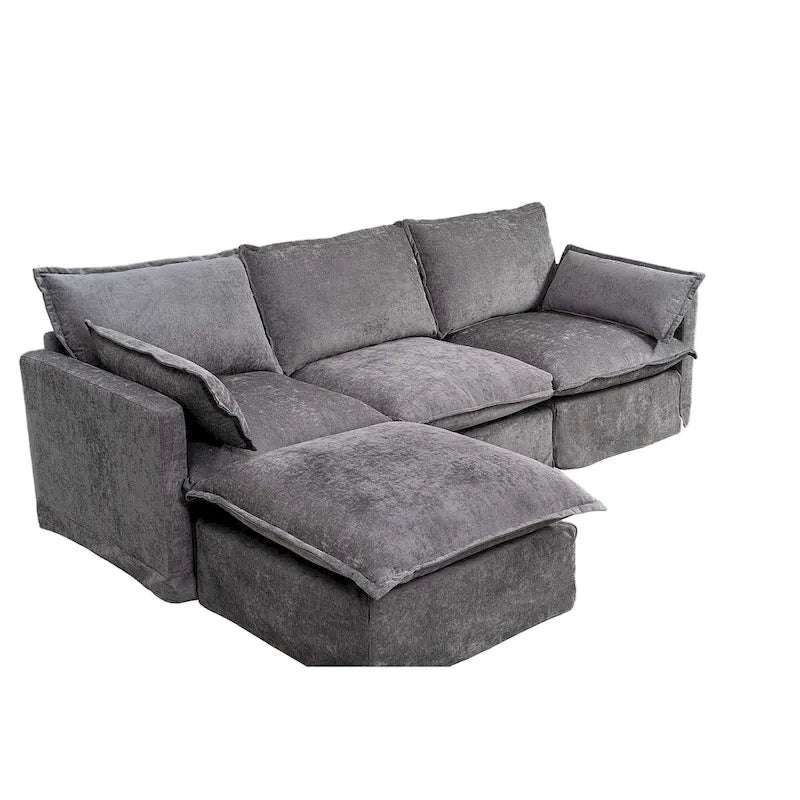 Canapé sectionnel modulaire en similicoton de 93,31 po avec pouf amovible, cadre en bois massif et coussins en mousse haute résilience