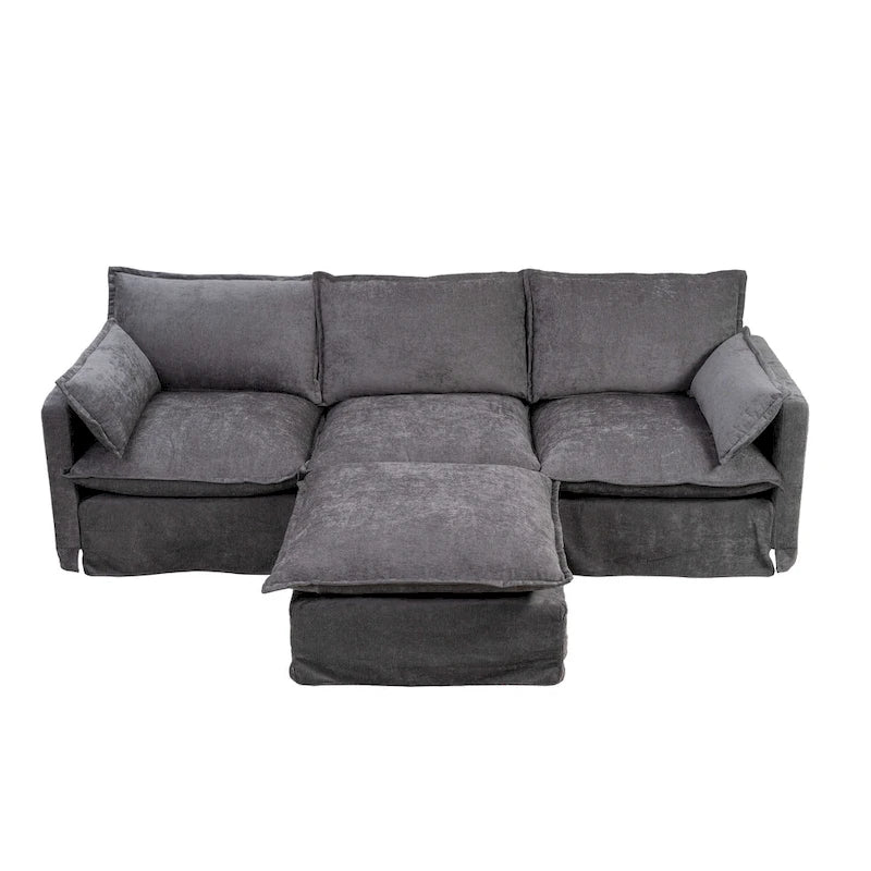 Canapé sectionnel modulaire en similicoton de 93,31 po avec pouf amovible, cadre en bois massif et coussins en mousse haute résilience