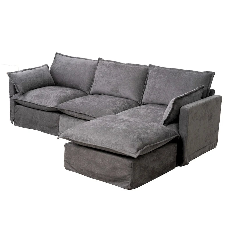 Canapé sectionnel modulaire en similicoton de 93,31 po avec pouf amovible, cadre en bois massif et coussins en mousse haute résilience