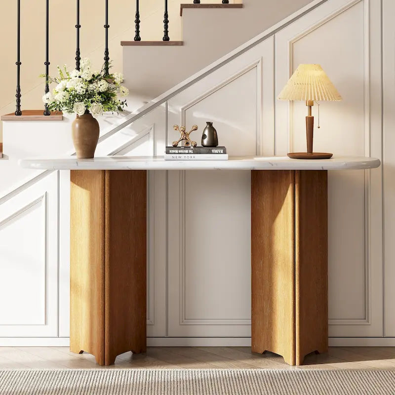 Table console de 53,9 po avec plateau en faux marbre et base en bois