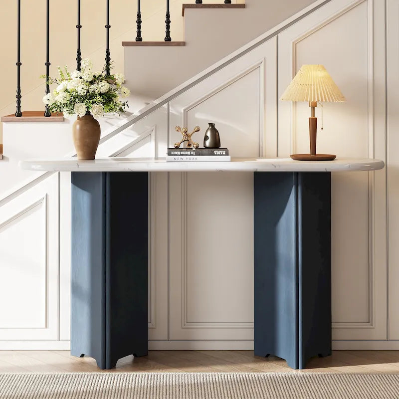 Table console de 53,9 po avec plateau en faux marbre et base en bois