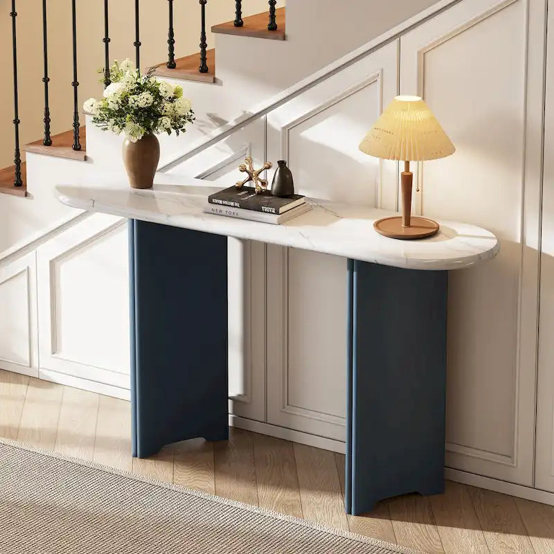 53,9 Table console avec plateau aspect marbre et piètement en bois