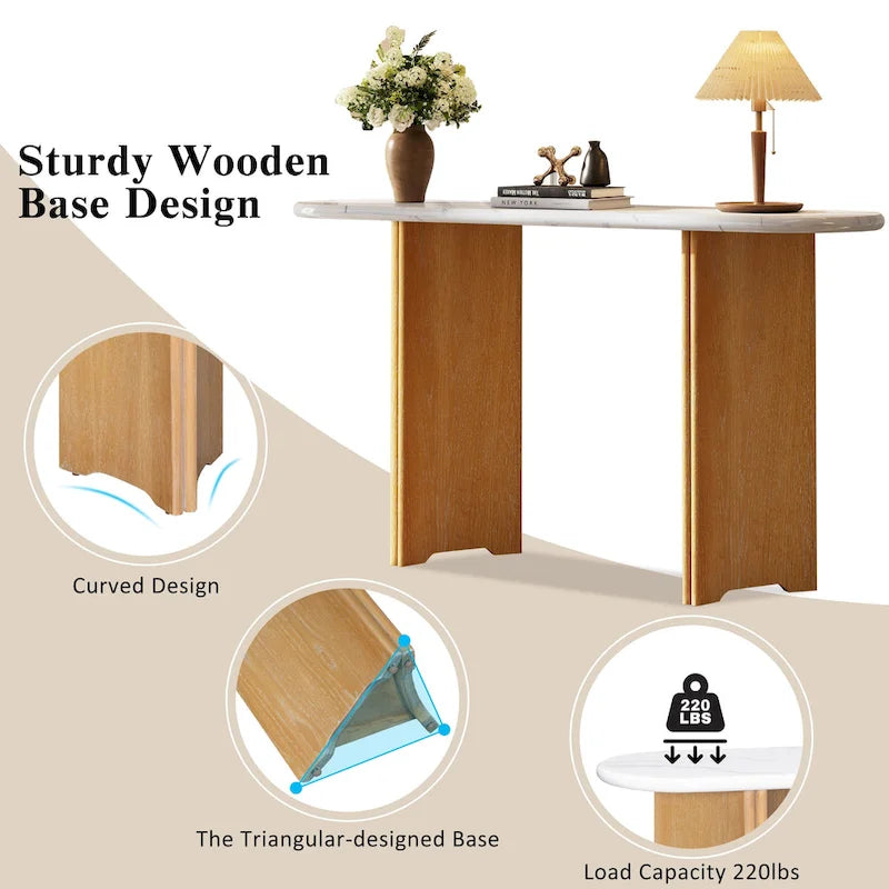 Table console de 53,9 po avec plateau en faux marbre et base en bois