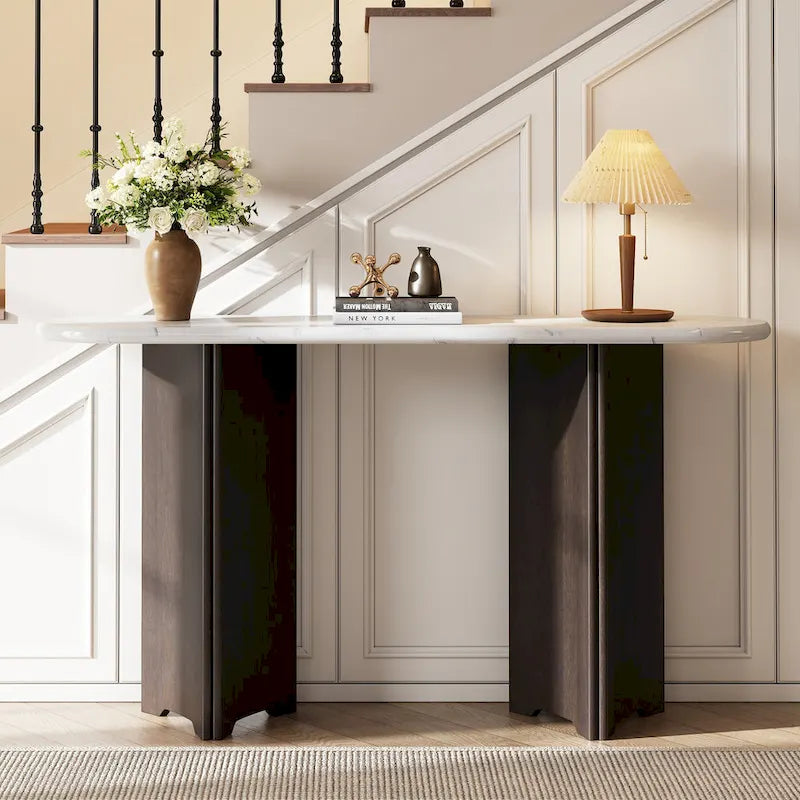 Table console de 53,9 po avec plateau en faux marbre et base en bois