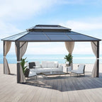 Tonnelle EROMMY à toit rigide, pergola extérieure avec double toit, moustiquaire et rideaux, auvent robuste pour patio, jardin, fête au bord de la piscine