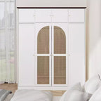 Armoire penderie grande capacité à 8 portes de 180 cm de haut avec tringle, étagères réglables et portes décoratives en rotin
