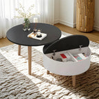 Table basse ronde moderne en bois noir et blanc avec rangement