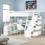 Lit mezzanine simple avec 7 tiroirs, 2 étagères, armoire et bureau pour enfants et adolescents