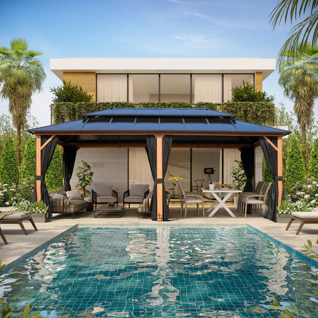 Tonnelle EROMMY à toit rigide, pergola extérieure avec double toit, moustiquaire et rideaux, auvent robuste pour patio, jardin, fête au bord de la piscine